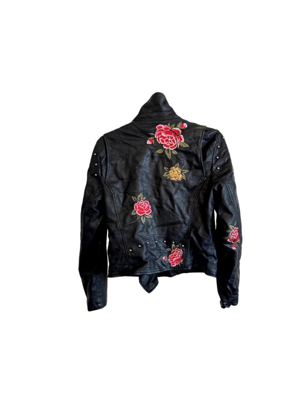 Hippie Laundry Large Black Faux Leather Moto Jacket Floral Embroidered Boho Edgy - Picture 11 of 15